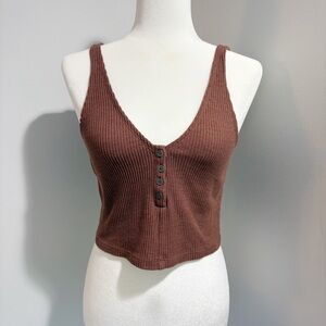 Lunya Ribbed Waffle Knit Pima Cotton Cropped Tank Top Size Medium Brown Henley